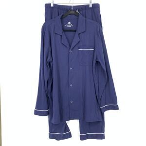 David Archy 100% Cotton Pajama Set Mens Size Large Navy Blue Button Front Shirt